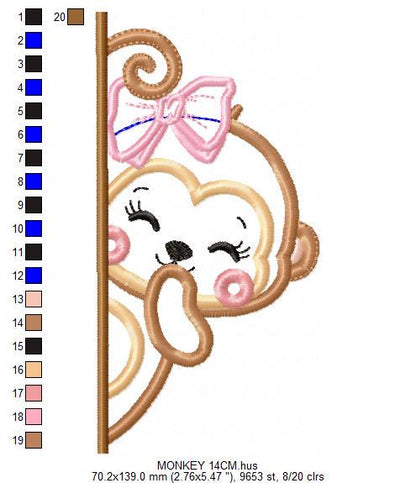 Female Monkey with lace embroidery designs - Peek a boo safari animal split machine embroidery pattern - Monkey applique - Instant download
