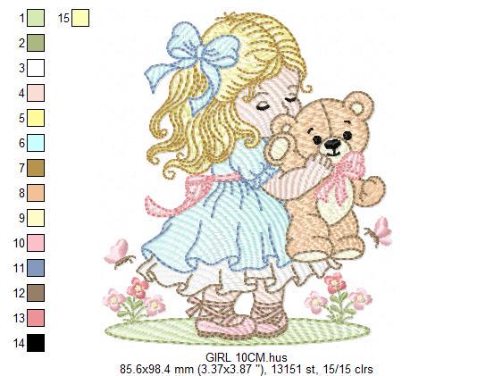 Young Vintage Girl with dress embroidery designs - Baby Girl with lace and teddy bear machine embroidery pattern - Instant download pes jef