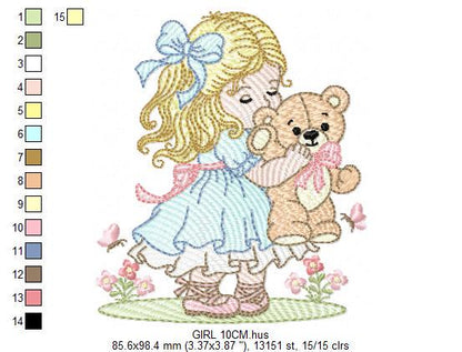 Young Vintage Girl with dress embroidery designs - Baby Girl with lace and teddy bear machine embroidery pattern - Instant download pes jef