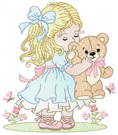 Young Vintage Girl with dress embroidery designs - Baby Girl with lace and teddy bear machine embroidery pattern - Instant download pes jef