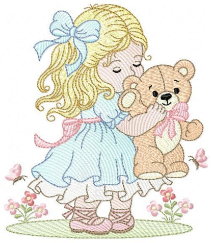 Young Vintage Girl with dress embroidery designs - Baby Girl with lace and teddy bear machine embroidery pattern - Instant download pes jef