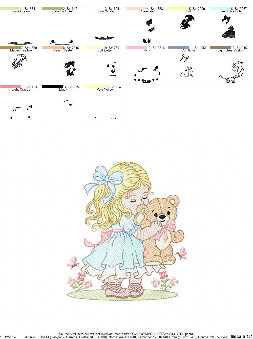 Young Vintage Girl with dress embroidery designs - Baby Girl with lace and teddy bear machine embroidery pattern - Instant download pes jef