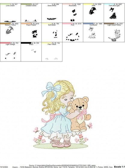 Young Vintage Girl with dress embroidery designs - Baby Girl with lace and teddy bear machine embroidery pattern - Instant download pes jef