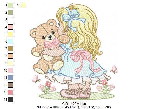Young Vintage Girl with dress embroidery designs - Baby Girl with lace and teddy bear machine embroidery pattern - Instant download pes jef