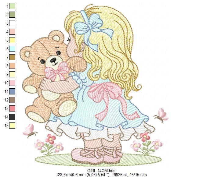 Young Vintage Girl with dress embroidery designs - Baby Girl with lace and teddy bear machine embroidery pattern - Instant download pes jef