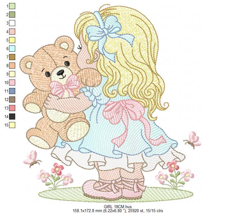 Young Vintage Girl with dress embroidery designs - Baby Girl with lace and teddy bear machine embroidery pattern - Instant download pes jef