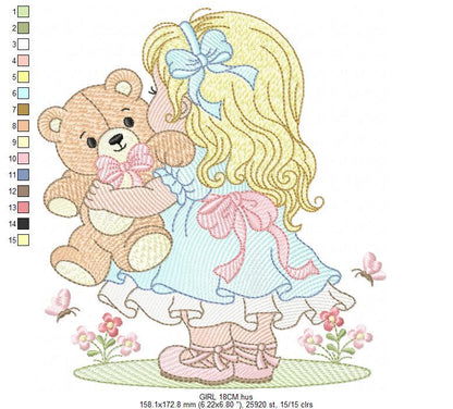Young Vintage Girl with dress embroidery designs - Baby Girl with lace and teddy bear machine embroidery pattern - Instant download pes jef