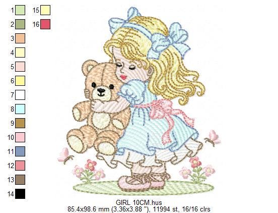 Young Vintage Girl with dress embroidery designs - Baby Girl with lace and teddy bear machine embroidery pattern - Instant download pes jef