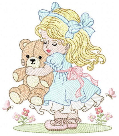 Young Vintage Girl with dress embroidery designs - Baby Girl with lace and teddy bear machine embroidery pattern - Instant download pes jef