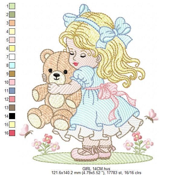Young Vintage Girl with dress embroidery designs - Baby Girl with lace and teddy bear machine embroidery pattern - Instant download pes jef