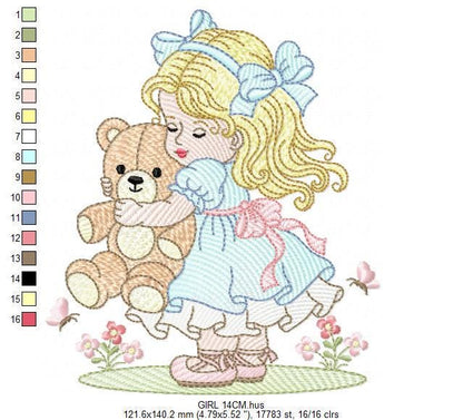 Young Vintage Girl with dress embroidery designs - Baby Girl with lace and teddy bear machine embroidery pattern - Instant download pes jef
