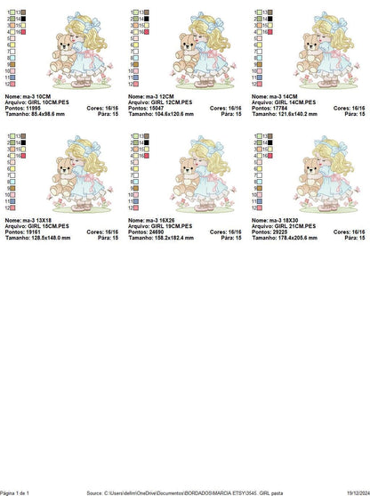 Young Vintage Girl with dress embroidery designs - Baby Girl with lace and teddy bear machine embroidery pattern - Instant download pes jef