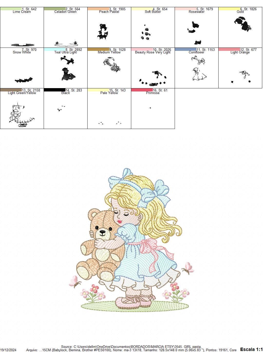 Young Vintage Girl with dress embroidery designs - Baby Girl with lace and teddy bear machine embroidery pattern - Instant download pes jef