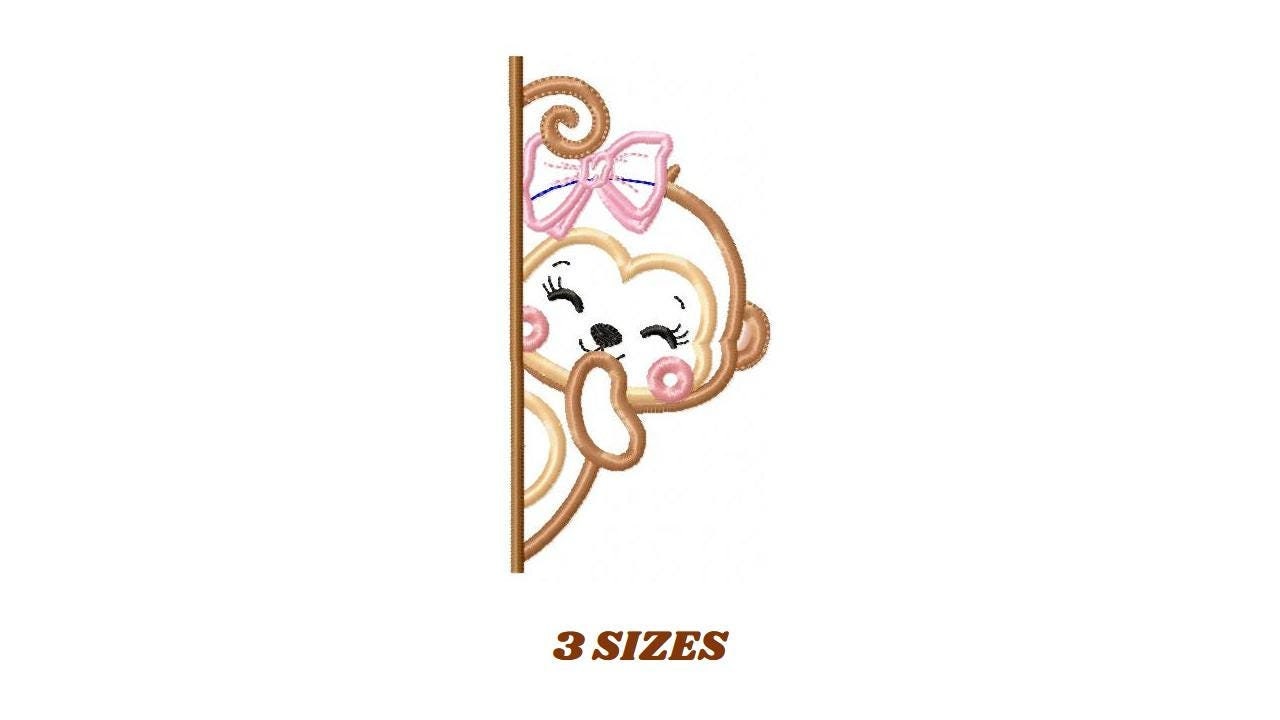 Female Monkey with lace embroidery designs - Peek a boo safari animal split machine embroidery pattern - Monkey applique - Instant download