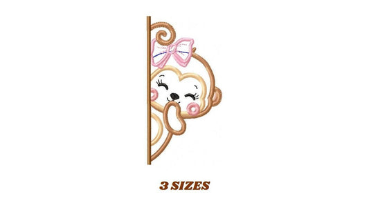 Female Monkey with lace embroidery designs - Peek a boo safari animal split machine embroidery pattern - Monkey applique - Instant download