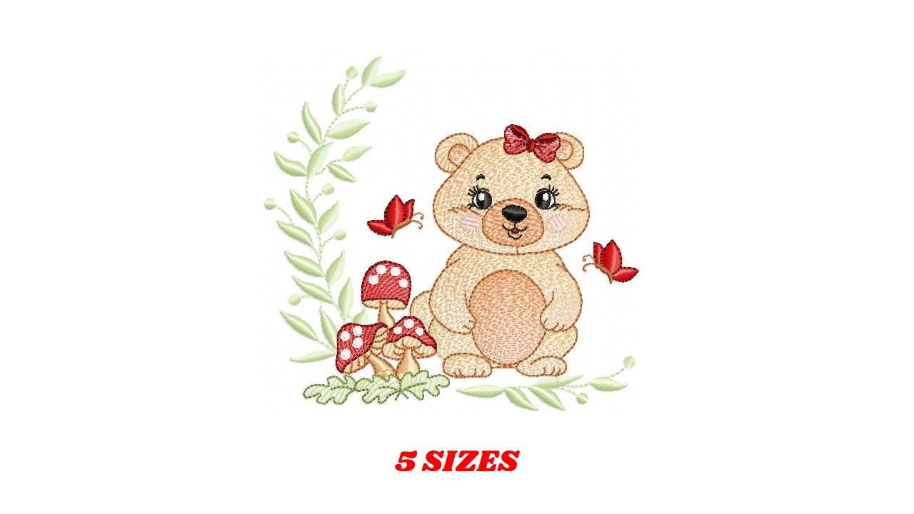 Female Bear embroidery designs - Baby girl machine embroidery pattern - Bear with butterfly mushroom and laurel frame - Instant download
