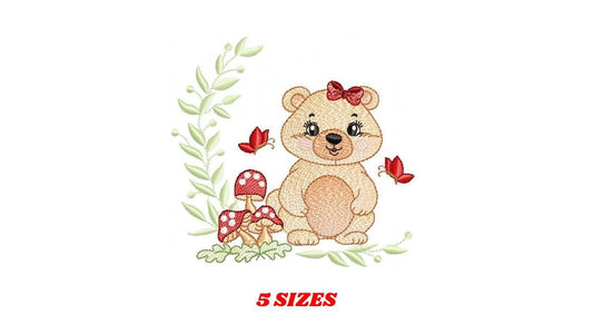 Female Bear embroidery designs - Baby girl machine embroidery pattern - Bear with butterfly mushroom and laurel frame - Instant download