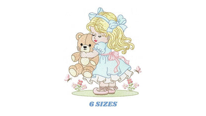 Young Vintage Girl with dress embroidery designs - Baby Girl with lace and teddy bear machine embroidery pattern - Instant download pes jef