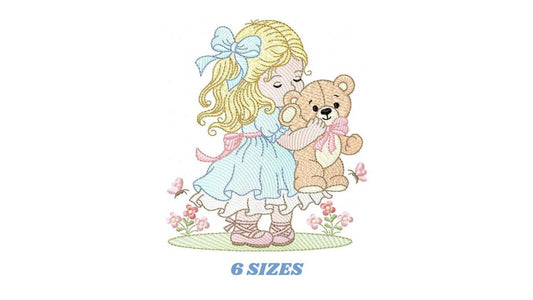 Young Vintage Girl with dress embroidery designs - Baby Girl with lace and teddy bear machine embroidery pattern - Instant download pes jef