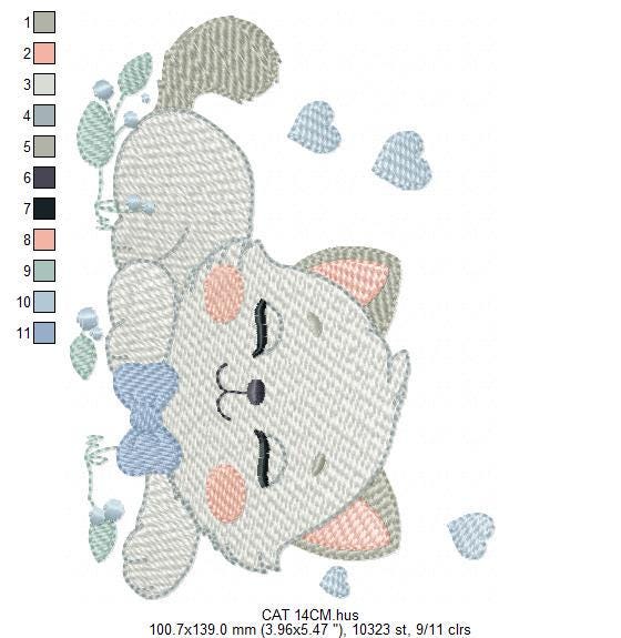 Sleeping Cat with bow tie embroidery design - Kitty embroidery designs machine embroidery pattern - Boy Pet with hearts - Instant download