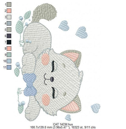 Sleeping Cat with bow tie embroidery design - Kitty embroidery designs machine embroidery pattern - Boy Pet with hearts - Instant download