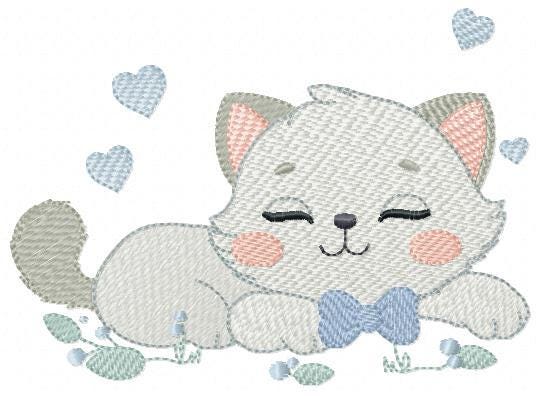 Sleeping Cat with bow tie embroidery design - Kitty embroidery designs machine embroidery pattern - Boy Pet with hearts - Instant download