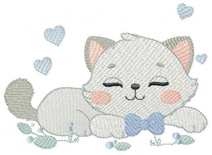 Sleeping Cat with bow tie embroidery design - Kitty embroidery designs machine embroidery pattern - Boy Pet with hearts - Instant download