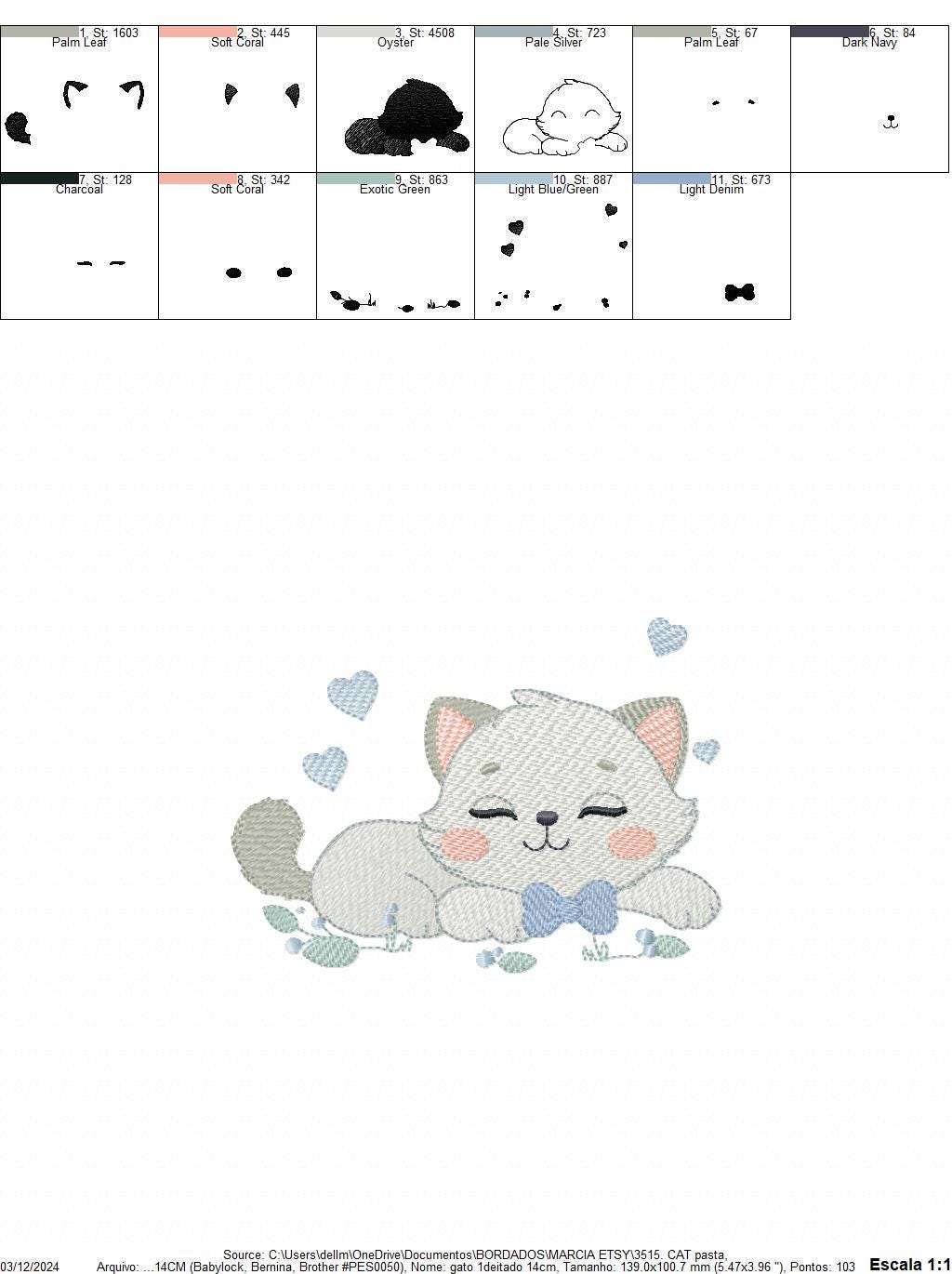 Sleeping Cat with bow tie embroidery design - Kitty embroidery designs machine embroidery pattern - Boy Pet with hearts - Instant download
