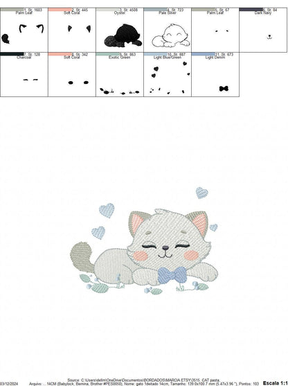 Sleeping Cat with bow tie embroidery design - Kitty embroidery designs machine embroidery pattern - Boy Pet with hearts - Instant download