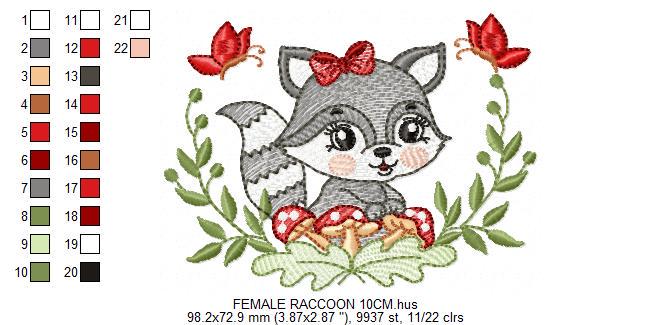 Female Raccoon with laurel frame embroidery designs - Woodland animal with mushroom machine embroidery pattern - Instant download pes jef