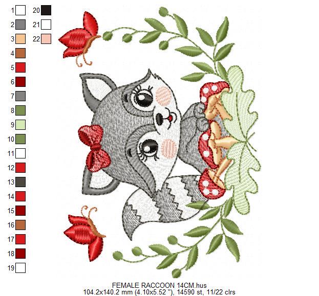 Female Raccoon with laurel frame embroidery designs - Woodland animal with mushroom machine embroidery pattern - Instant download pes jef