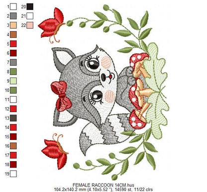 Female Raccoon with laurel frame embroidery designs - Woodland animal with mushroom machine embroidery pattern - Instant download pes jef