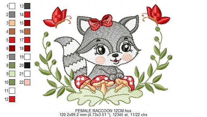 Female Raccoon with laurel frame embroidery designs - Woodland animal with mushroom machine embroidery pattern - Instant download pes jef