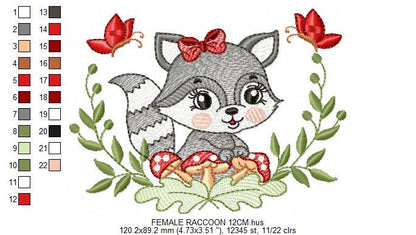 Female Raccoon with laurel frame embroidery designs - Woodland animal with mushroom machine embroidery pattern - Instant download pes jef