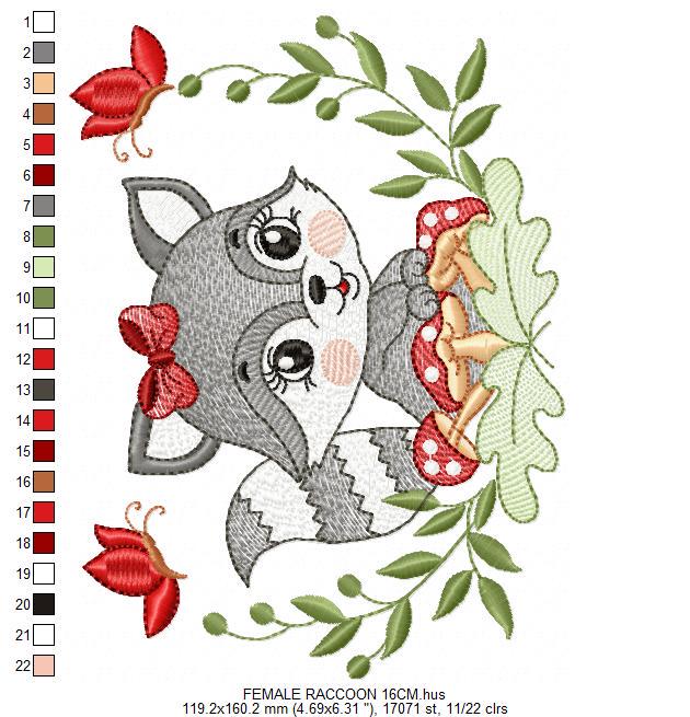 Female Raccoon with laurel frame embroidery designs - Woodland animal with mushroom machine embroidery pattern - Instant download pes jef