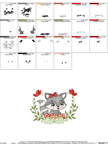 Female Raccoon with laurel frame embroidery designs - Woodland animal with mushroom machine embroidery pattern - Instant download pes jef