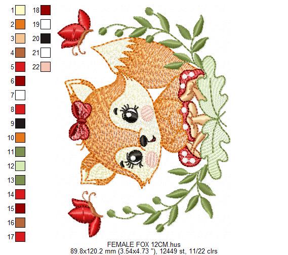 Red Fox embroidery designs - Woodland animal with butterflies machine pattern - Fox tail with lace and mushroom laurel - Instant download