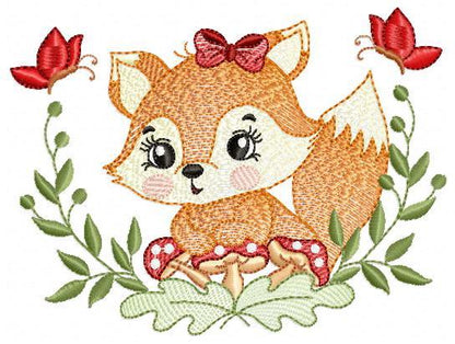 Red Fox embroidery designs - Woodland animal with butterflies machine pattern - Fox tail with lace and mushroom laurel - Instant download