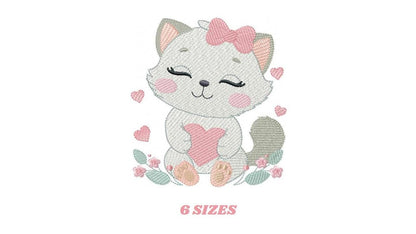 Cat with bow embroidery design - Female Kitty with heart embroidery designs machine embroidery pattern - Baby girl file - instant download