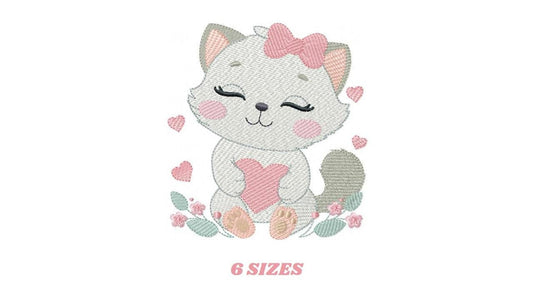 Cat with bow embroidery design - Female Kitty with heart embroidery designs machine embroidery pattern - Baby girl file - instant download