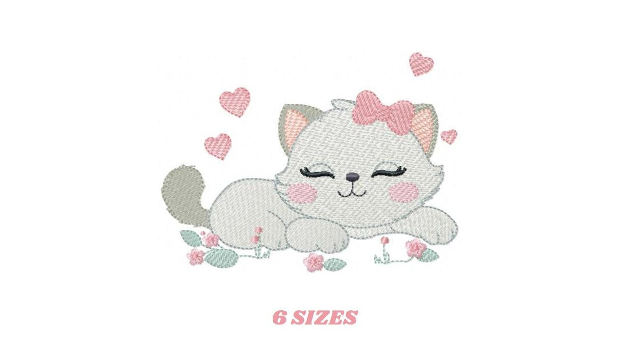 Sleeping Cat embroidery design - Kitty with bow and hearts machine embroidery pattern - Pet Baby girl file - Instant digital download pes jef