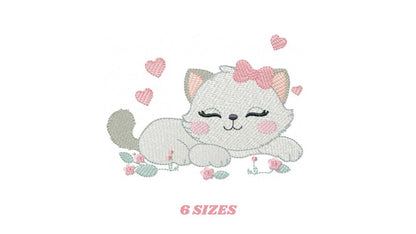 Sleeping Cat embroidery design - Kitty with bow and hearts machine embroidery pattern - Pet Baby girl file - Instant digital download pes jef