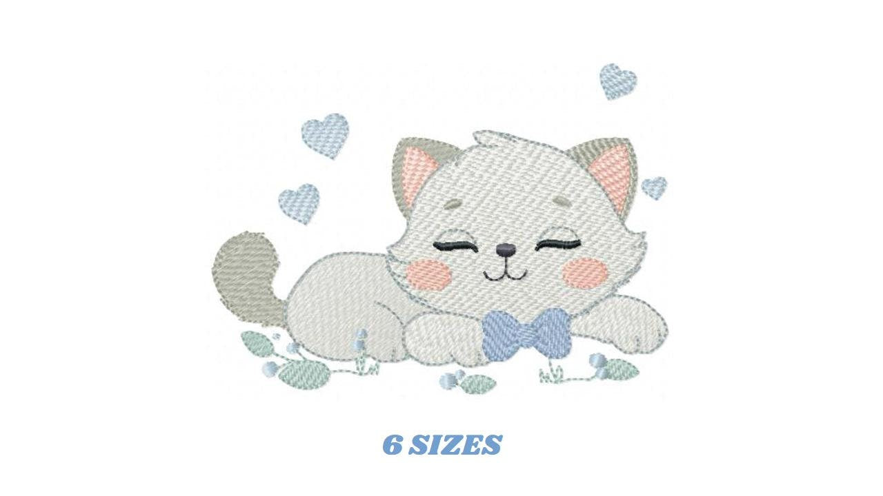 Sleeping Cat with bow tie embroidery design - Kitty embroidery designs machine embroidery pattern - Boy Pet with hearts - Instant download