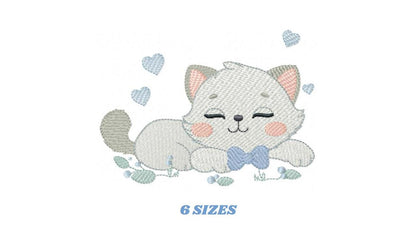 Sleeping Cat with bow tie embroidery design - Kitty embroidery designs machine embroidery pattern - Boy Pet with hearts - Instant download