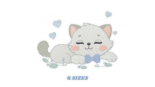 Sleeping Cat with bow tie embroidery design - Kitty embroidery designs machine embroidery pattern - Boy Pet with hearts - Instant download