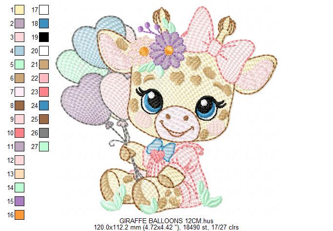 Giraffe with balloons embroidery design - Safari Animal with flowers embroidery machine pattern - Girl Giraffe with lace - Instant download