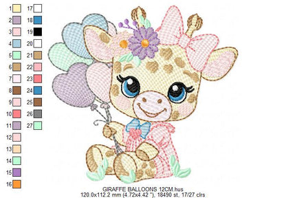 Giraffe with balloons embroidery design - Safari Animal with flowers embroidery machine pattern - Girl Giraffe with lace - Instant download