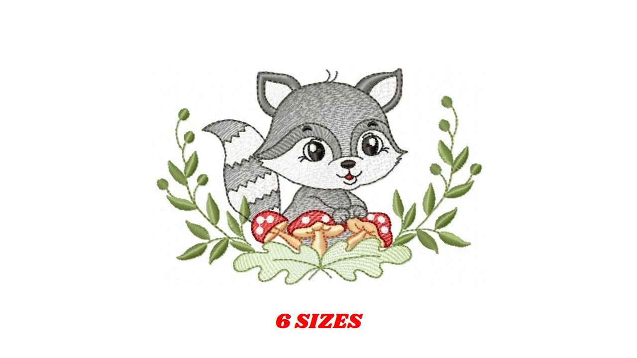 Raccoon embroidery designs - Woodland Forest Animal embroidery design machine embroidery pattern - Raccoon with mushrooms - Instant download