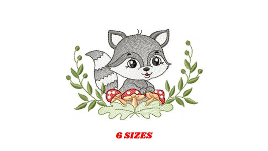 Raccoon embroidery designs - Woodland Forest Animal embroidery design machine embroidery pattern - Raccoon with mushrooms - Instant download