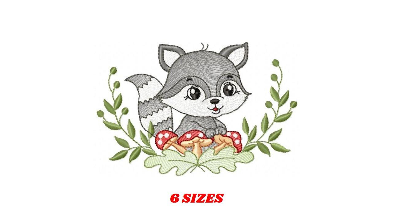 Raccoon embroidery designs - Woodland Forest Animal embroidery design machine embroidery pattern - Raccoon with mushrooms - Instant download